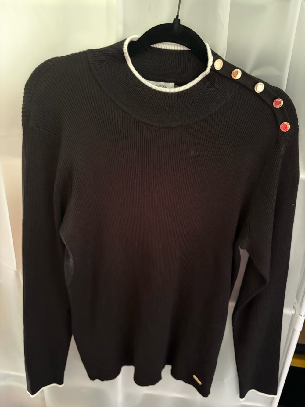 Black Ribbed Turtleneck Sweater with Button-Shoulder Detail